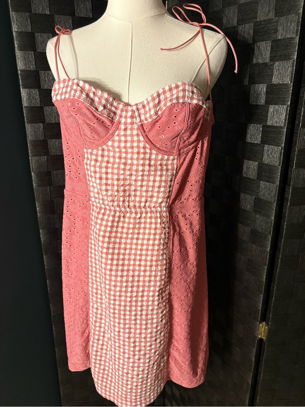 Urban Outfitters UO Felicity Pink Eyelet Bustier Gingham Mini Dress